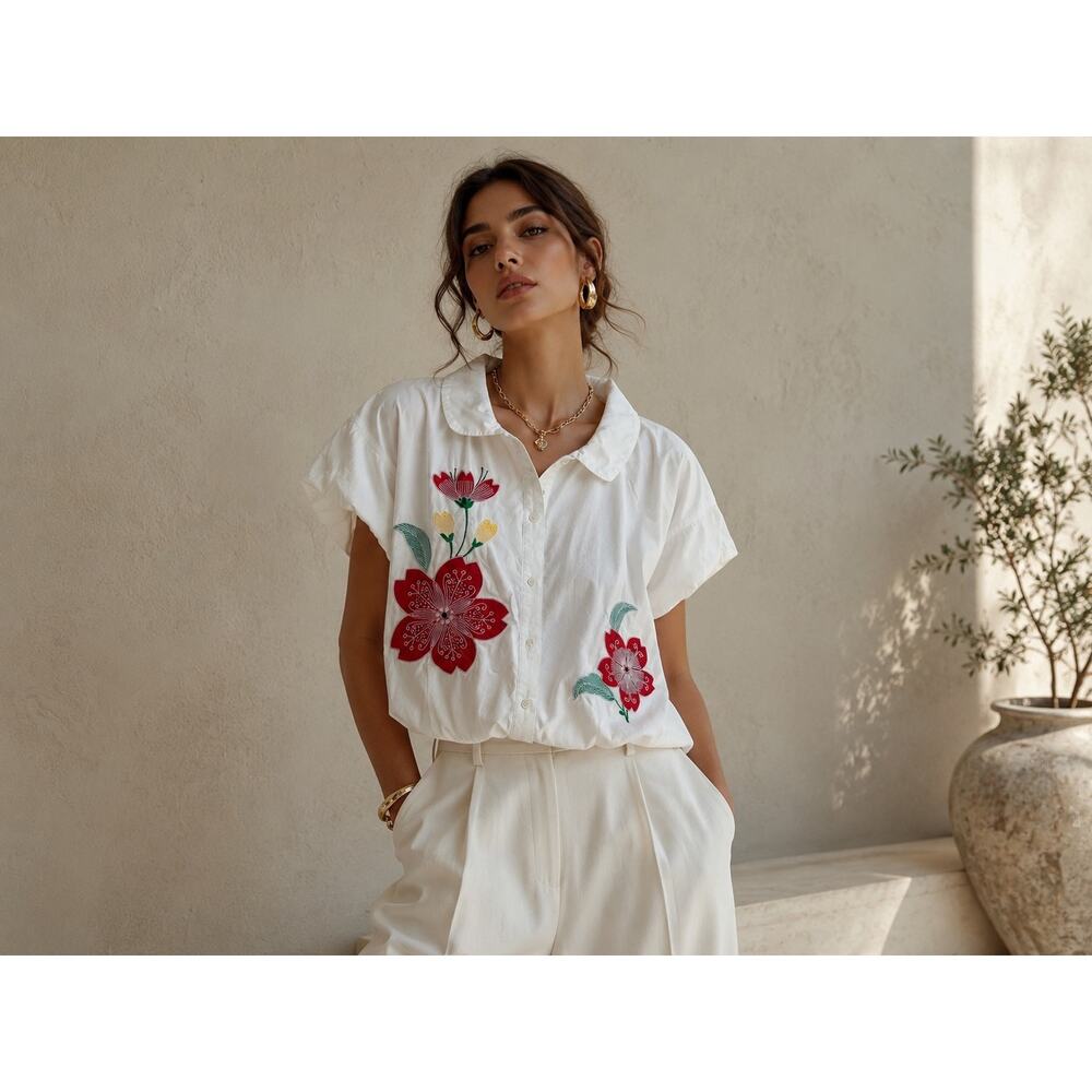Love Moschino 100% Cotton Floral Short Sleeve Button-Up Shirt White Red Womens 8